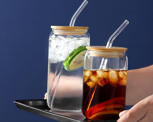 Glass Drinking Cup With Lid And Straw