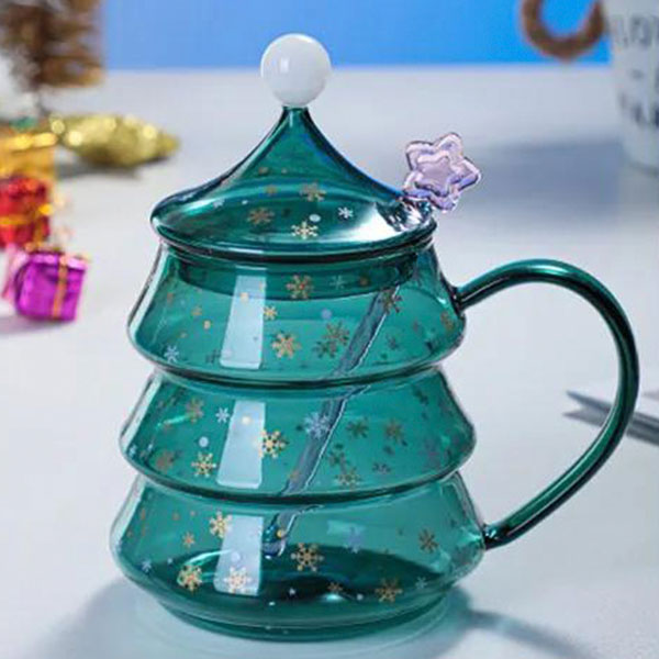 Glass Christmas Tree Mug with Lid and Stirrer