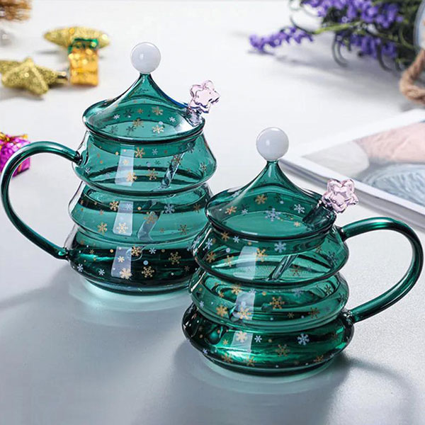 Glass Christmas Tree Mugs with Stirrers